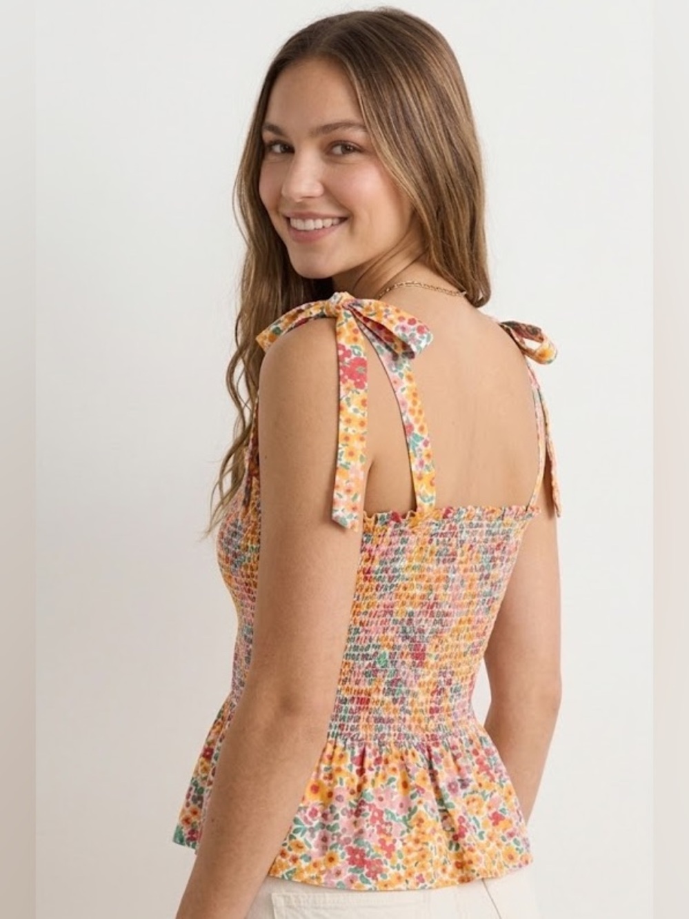 J. Crew Floral Smocked Tie-Strap Tank Top in Yellow, Pink, Green - Picture 2 of 5
